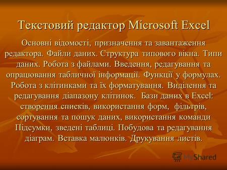 Текстовий редактор Microsoft Excel Основні відомості, призначення та завантаження редактора. Файли даних. Структура типового вікна. Типи даних. Робота.