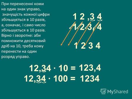 1 2,3 4 1 2 3, 4 12,34 · 10 = 123,4 1 2 3 4 12,34 · 100 =1234 При перенесенні коми на один знак управо, значущість кожної цифри збільшується в 10 разів,
