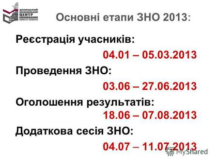 Основні етапи ЗНО 2013: Реєстрація учасників: 04.01 – 05.03.2013 Проведення ЗНО: 03.06 – 27.06.2013 Оголошення результатів: 18.06 – 07.08.2013 Додаткова.