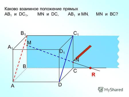 А D С В B1B1 С 1 С 1 D1D1 А 1 А 1 Каково взаимное положение прямых AB 1 и DC 1, МN и DC, AB 1 и МN, MN и ВС? R N M.