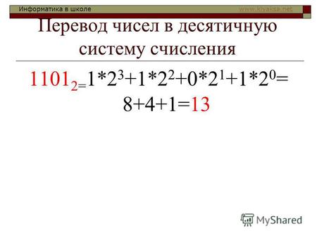 Информатика в школе www.klyaksa.netwww.klyaksa.net Перевод чисел в десятичную систему счисления 1101 2= 1*2 3 +1*2 2 +0*2 1 +1*2 0 = 8+4+1=13.