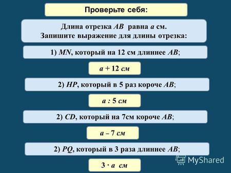 Математический диктант Длина отрезка AB равна a см. Запишите выражение для длины отрезка: 1) MN, который на 12 см длиннее AB; а + 12 см 2) HP, который.