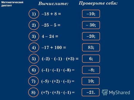 Математический диктант Вычислите: –18 + 8 = Проверьте себя: –10; 1) –25 – 5 = – 30; 2) 4 – 24 = –20; 3) –17 + 100 = 83; 4) (–2) · (–1) · (+3) = 6;6; 5)