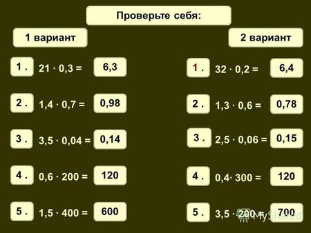 Математический диктант 1 вариант 2 вариант Проверьте себя: 1. 21 · 0,3 = 6,3 2. 1,4 · 0,7 = 0,98 3. 3,5 · 0,04 = 0,14 4. 0,6 · 200 = 120 5. 1,5 · 400 =
