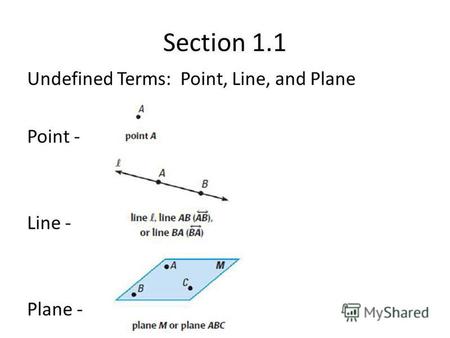 Section 1.1 Undefined Terms: Point, Line, and Plane Point - Line - Plane -