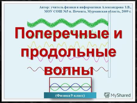 Автор: учитель физики и информатики Александрова З.В., МОУ СОШ 5 п. Печенга, Мурманская область, 2009 г. (Физика 9 класс) Поперечные и продольные волны.