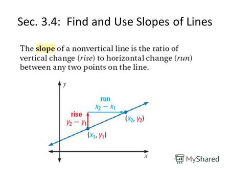 Sec. 3.4: Find and Use Slopes of Lines. Example Find the slope of each line in the graph. If undefined, write undefined.