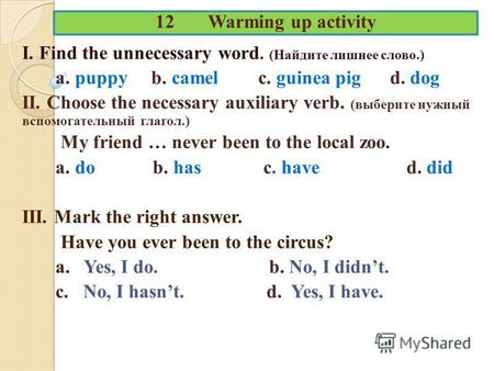 12 Warming up activity I. Find the unnecessary word. (Найдите лишнее слово.) a. puppy b. camel c. guinea pig d. dog II. Choose the necessary auxiliary.