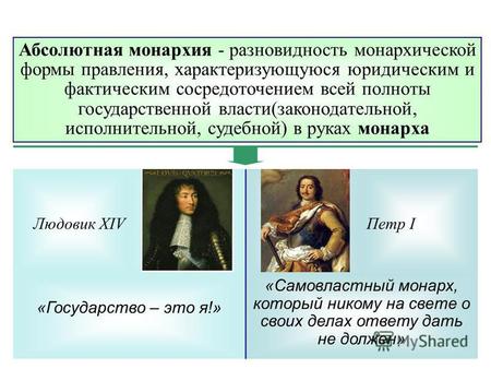 Абсолютная монархия - разновидность монархической формы правления, характеризующуюся юридическим и фактическим сосредоточением всей полноты государственной.