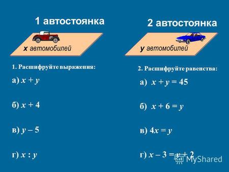X автомобилей y автомобилей 1 автостоянка 2 автостоянка 1. Расшифруйте выражения: а) х + у б) x + 4 в) y – 5 г) x : y 2. Расшифруйте равенства: а) х +