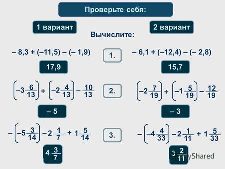 Математический диктант 17,9 Вычислите: 1 вариант 2 вариант – 8,3 + (–11,5) – (– 1,9) 1.1. – 6,1 + (–12,4) – (– 2,8) 15,7 2. 6 –3 13 + 4 –2 13 10 – 13 3.
