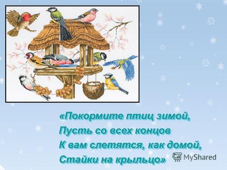 1 «Покормите птиц зимой, Пусть со всех концов К вам слетятся, как домой, Стайки на крыльцо» «Покормите птиц зимой, Пусть со всех концов К вам слетятся,