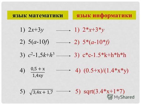 Язык математикиязык информатики 1) 2x+3y 2) 5(a-10f) 3) c 2 -1,5k+h 3 4) 5) 1) 2*x+3*y 2) 5*(a-10*f) 3) c*c-1.5*k+h*h*h 4) (0.5+x)/(1.4*x*y) 5) sqrt(3.4*x+1*7)