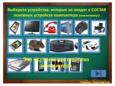 Выберите устройства, которые не входят в СОСТАВ основных устройств компьютера (они исчезнут) Учитель: Тарасова Н.Н. Это основные устройства компьютера.