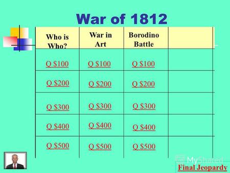 War of 1812 Who is Who? War in Art Borodino Battle Q $100 Q $200 Q $300 Q $400 Q $500 Q $100 Q $200 Q $300 Q $400 Q $500 Final Jeopardy.
