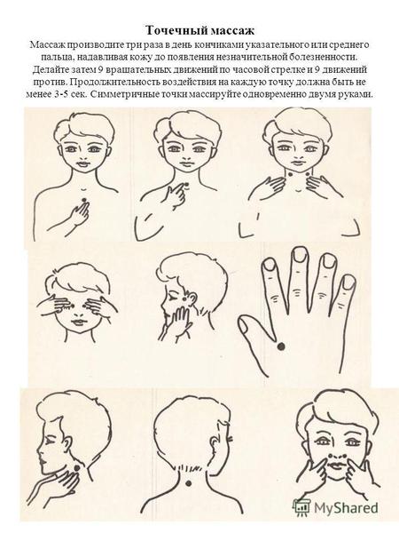 Точечный массаж Массаж производите три раза в день кончиками указательного или среднего пальца, надавливая кожу до появления незначительной болезненности.