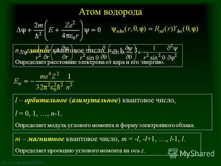 Атом водорода n – главное квантовое число, n = 1, 2, 3, … Определяет расстояние электрона от ядра и его энергию. l – орбитальное (азимутальное) квантовое.