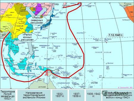 Территориа льные захваты до 1932 г. 1932- 1937 гг. 1937- 1939 гг. 1939 -1942 гг. Линия максимального продвижения японских войск к концу 1942 г. Направления.