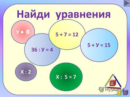 Найди уравнения У 8 36 : У = 4 5 + 7 = 12 Х : 2 Х : 5 = 7 5 + У = 15.