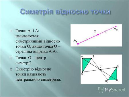 Точки А 1 і А 2 називаються симетричними відносно точки О, якщо точка О – середина відрізка А 1 А 2. Точка О – центр симетрії. Симетрію відносно точки.