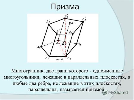 Призма Многогранник, две грани которого - одноименные многоугольники, лежащие в параллельных плоскостях, а любые два ребра, не лежащие в этих плоскостях,