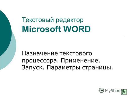 Текстовый редактор Microsoft WORD Назначение текстового процессора. Применение. Запуск. Параметры страницы.
