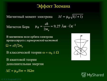 Эффект Зеемана Магнетон Бора Магнитный момент электрона В магнитном поле орбита электрона прецессирует с ларморовской частотой В классической теории 0.