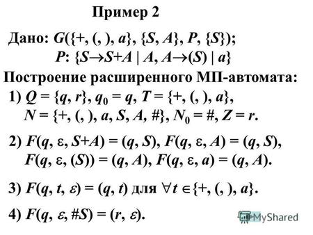 Пример 2 Дано: G({+, (, ), a}, {S, A}, Р, {S}); Р: {S S+A | A, A (S) | a} Построение расширенного МП-автомата: 1) Q = {q, r}, q 0 = q, T = {+, (, ), a},