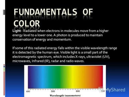 Light - Radiated when electrons in molecules move from a higher energy level to a lower one. A photon is produced to maintain conservation of energy and.