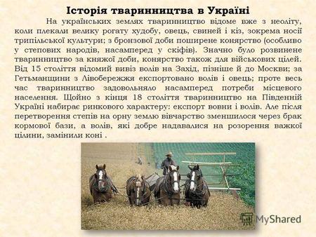 Історія тваринництва в Україні На українських землях тваринництво відоме вже з неоліту, коли плекали велику рогату худобу, овець, свиней і кіз, зокрема.