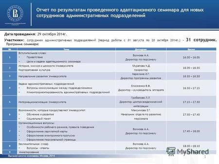 Высшая школа экономики, Москва, 2014 Отчет по результатам проведенного адаптационного семинара для новых сотрудников административных подразделений фото.