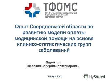 15 октября 2015 г. Директор Шелякин Валерий Александрович Опыт Свердловской области по развитию модели оплаты медицинской помощи на основе клинико-статистических.