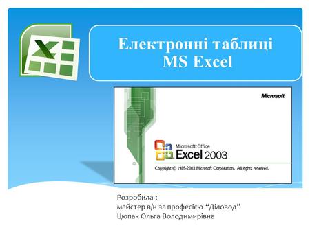 Електронні таблиці MS Excel Розробила : майстер в/н за професією Діловод Цюпак Ольга Володимирівна.