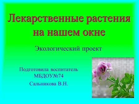 Лекарственные растения на нашем окне Подготовила воспитатель МБДОУ 74 Сальникова В.Н. Экологический проект.