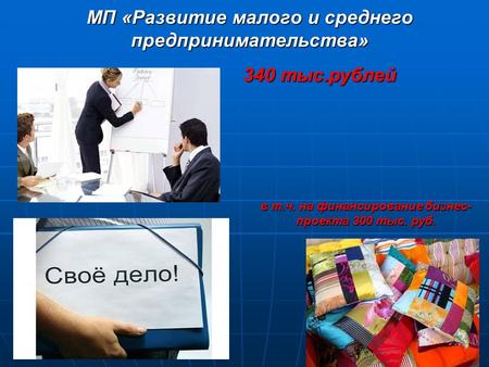 МП «Развитие малого и среднего предпринимательства» 340 тыс.рублей в т.ч. на финансирование бизнес- проекта 300 тыс. руб.