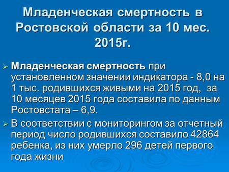 Младенческая смертность в Ростовской области за 10 мес. 2015 г. Младенческая смертность при установленном значении индикатора - 8,0 на 1 тыс. родившихся.