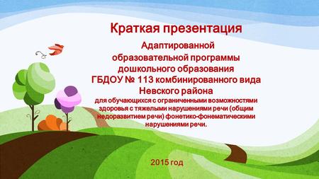 2015 год Государственное бюджетное дошкольное образовательное учреждение детский сад 113 комбинированного вида Невского района Учредители: администрация.