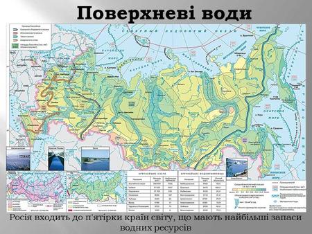 Поверхневі води Росія входить до п'ятірки країн світу, що мають найбільші запаси водних ресурсів.