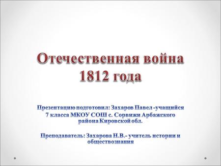 Цель: рассмотреть ход Отечественной воины 1812 года, выделить её итоги.