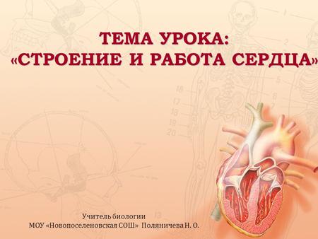 Учитель биологии МОУ « Новопоселеновская СОШ » Поляничева Н. О. ТЕМА УРОКА: «СТРОЕНИЕ И РАБОТА СЕРДЦА»