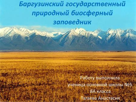Баргузинский государственный природный биосферный заповедник Работу выполнила ученица основной школы 5 8 А класса Тагаева Анастасия.