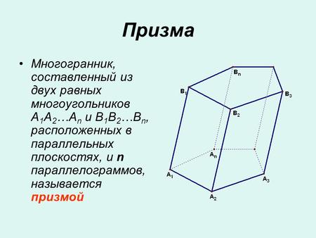 Призма Многогранник, составленный из двух равных многоугольников A 1 A 2 …A n и B 1 B 2 …B n, расположенных в параллельных плоскостях, и n параллелограммов,