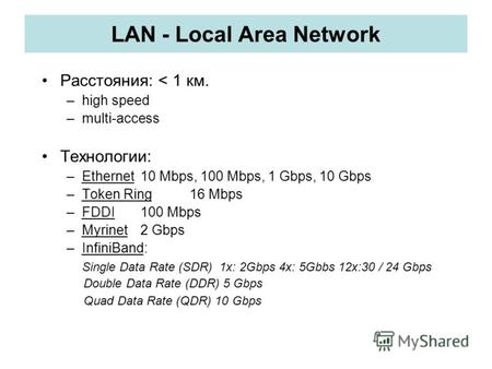 LAN - Local Area Network Расстояния: < 1 км. –high speed –multi-access Технологии: –Ethernet10 Mbps, 100 Mbps, 1 Gbps, 10 Gbps –Token Ring16 Mbps –FDDI.