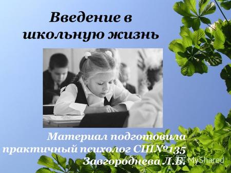 Введение в школьную жизнь Материал подготовила практичный психолог СШ135 Завгороднева Л.Б.