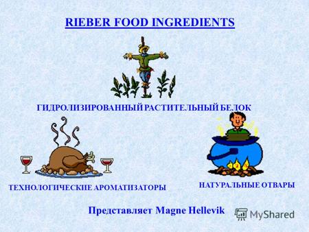 RIEBER FOOD INGREDIENTS ГИДРОЛИЗИРОВАННЫЙ РАСТИТЕЛЬНЫЙ БЕЛОК ТЕХНОЛОГИЧЕСКИЕ АРОМАТИЗАТОРЫ НАТУРАЛЬНЫЕ ОТВАРЫ Представляет Magne Hellevik.