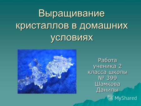 Выращивание кристаллов в домашних условиях Работа ученика 2 класса школы 399 Шамкова Данилы.