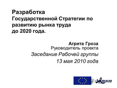 Разработка Государственной Стратегии по развитию рынка труда до 2020 года. Агрита Гроза Руководитель проекта Заседание Рабочей группы 13 мая 2010 года.
