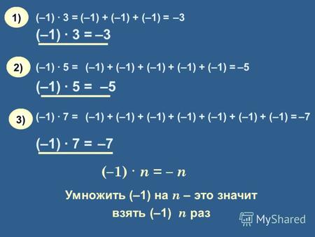 (–1) · 3 =(–1) + (–1) + (–1) =–3 (–1) · 5 =(–1) + (–1) + (–1) + (–1) + (–1) =–5 (–1) · 7 =(–1) + (–1) + (–1) + (–1) + (–1) + (–1) + (–1) =–7 (–1) · 3 =–3.