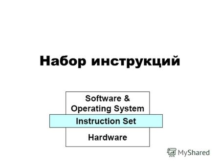 Набор инструкций. Набор команд это множество операций, которое исполняет процессор. Набор команд -- это та граница, где проектировщик компьютера и программист.