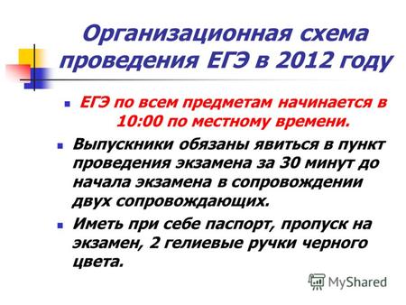 Организационная схема проведения ЕГЭ в 2012 году ЕГЭ по всем предметам начинается в 10:00 по местному времени. Выпускники обязаны явиться в пункт проведения.